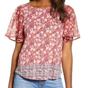 LUCKY BRAND Mixed Media Flutter Short Sleeve Top M Red Multi Floral Print B51